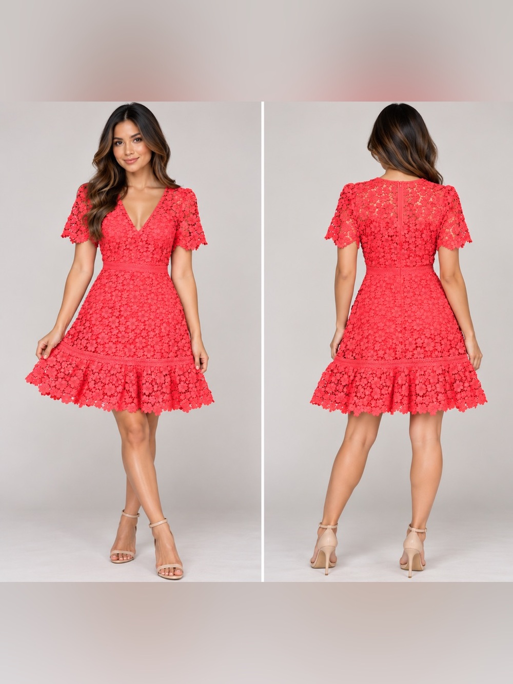 Shoshanna Bright Coral Floral Lace Midi Dress